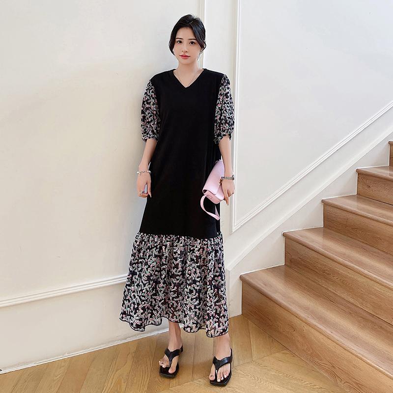 

DIMANAF 2024, летнее платье-футболка больших размеров, женское хлопковое платье с v-образным вырезом, повседневное свободное платье с короткими рукавами и цветочным принтом XL чёрный