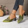 Fashion Satin Embroidered Flower Stiletou Slippers Autumn New Pointed Toe Deep Mouth Slip-on Non-Slip Heels