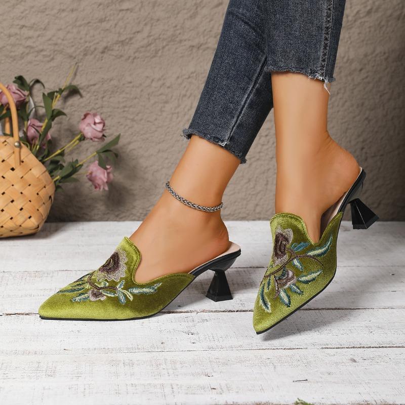 Fashion Satin Embroidered Flower Stiletou Slippers Autumn New Pointed Toe Deep Mouth Slip-on Non-Slip Heels