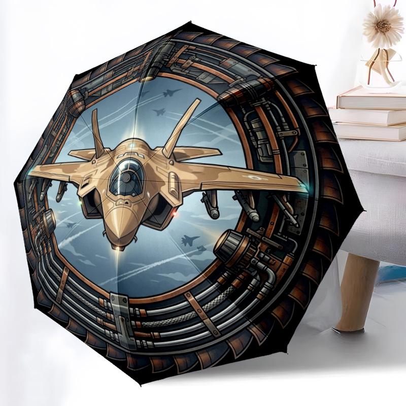 Futuristic Jet Through Portal pattern umbrella, portable and foldable design, 8 ribs, a casual accessory for Halloween, Christmas, and birthday gifts.