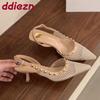 Fashion Pointed Toe Fashion Rivet Ladies Medium Heels Sandals Shoes Female Mesh Breathable Footwear Women Heeled Sandals Shoes Pumps