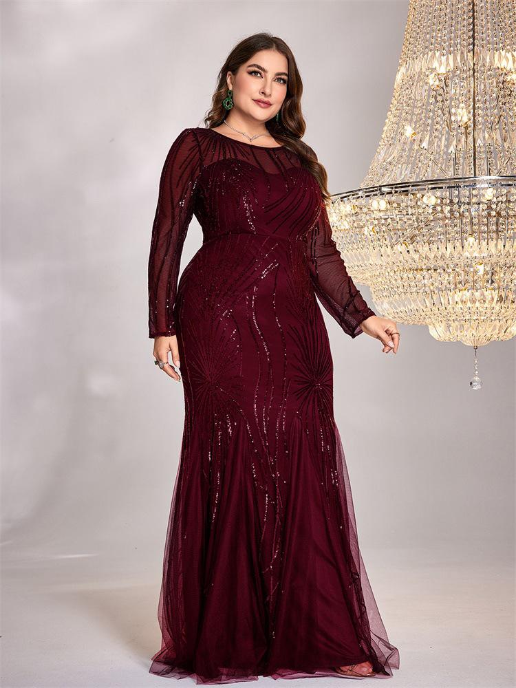 

Plus Size Sequined Mermaid Bridesmaid Gown - Elegant Slim Fit with Round Neck for Evening or Banquet 4XL вино красного