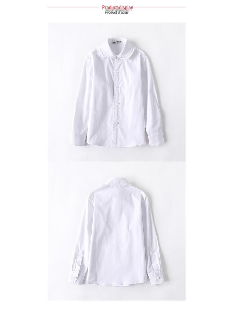 Girls' White Fleece-Lined Cotton Shirt: Long-Sleeved School Uniform for Elementary to Middle School.