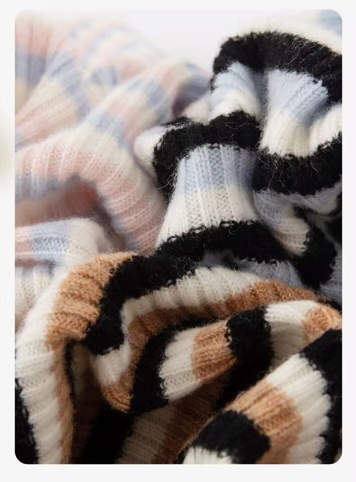 Women's 2025 Color-Block Striped Knit Sweater: Round Neck, Slim Fit, Warm Wool for Autumn/Winter