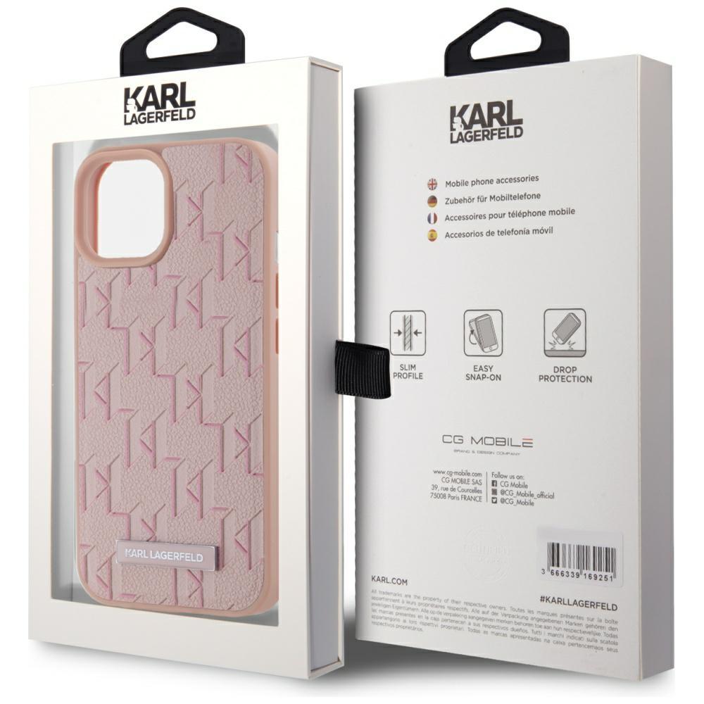 Karl Lagerfeld Leather Monogram Metal Logo MagSafe Case for iPhone 15 Pink