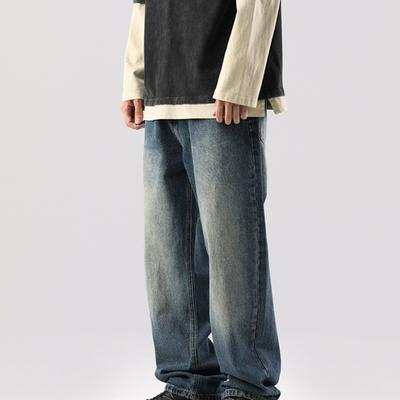 Washed Old Jeans Men's Straight Loose Street Large Size Textured Dad Wide-leg Pants