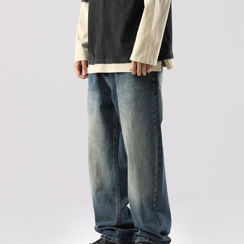 Washed Old Jeans Men's Straight Loose Street Large Size Textured Dad Wide-leg Pants