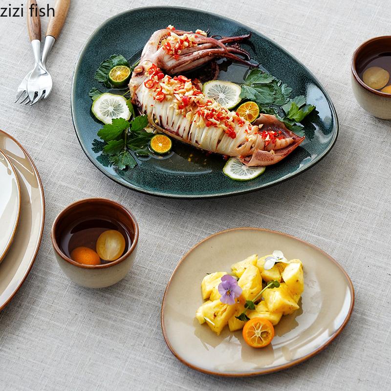 Kiln Changes Triangle Shallow Plate Ceramic Tableware Steak Plate Salad Plate Dessert Dish Dim Sum Dish Japanese Tableware