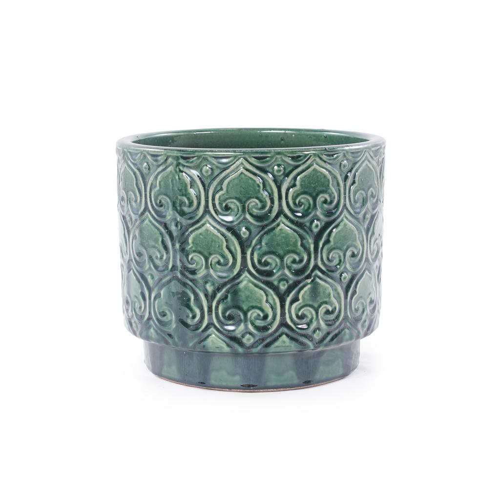 Mini Small Ceramic Plant Pot Ø19 cm, Glossy Rich Green Heart-Ornament Relief, Breathable Drainage Hole for Mini Succulents and Desktop Herbs