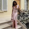 Sundresses for Women Long Dress 2026 Summer V-Neck Short Sleeve Knit Slit Maxi Dress Fashion Bodycon Maxi Dress Beach Vacation Clothes