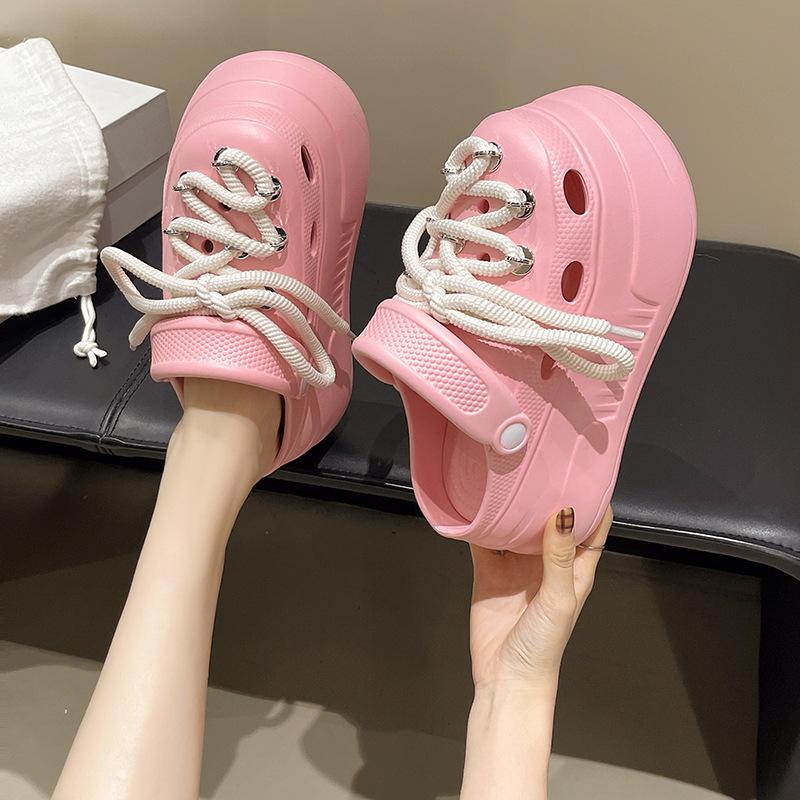 Fashion Soft Leather Lace-up Doudou Shoes, New Summer Soft-soled Comfortable Casual Shoes, Non-slip, Wave-soled Thick-soled Hole Shoes