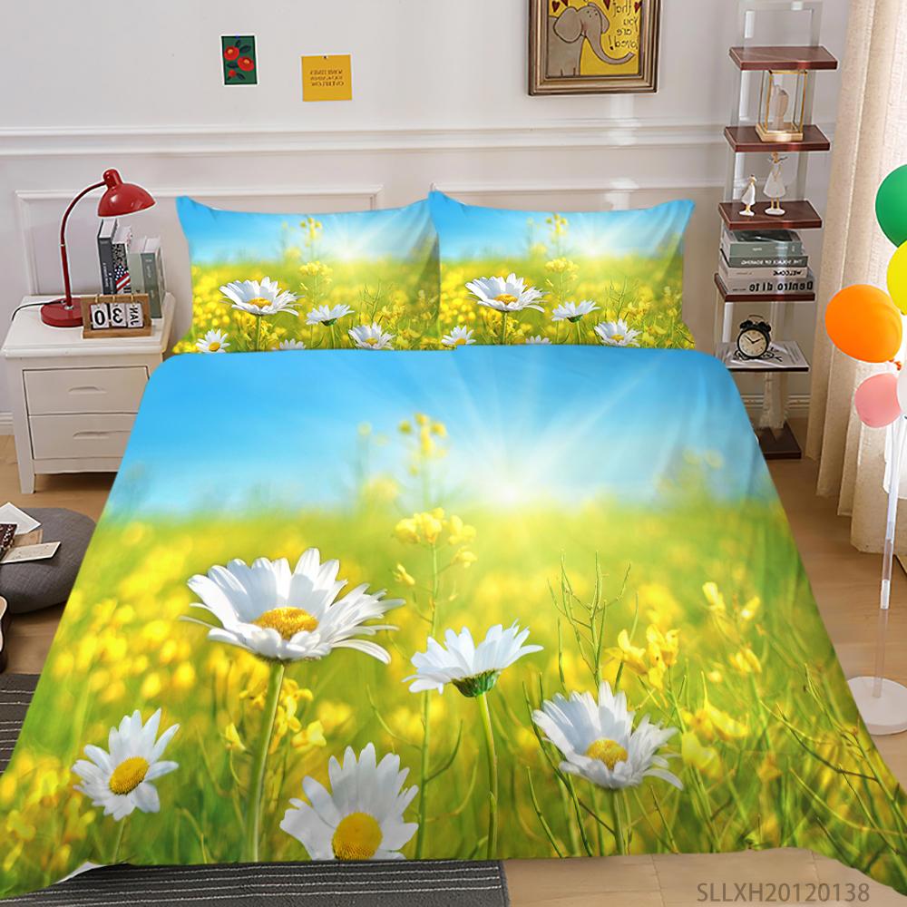 3D Printing Household Bedding Set Chrysanthemum Printing Pillowcase and Quilt Cover 2/3 Pieces of Plant Microfiber Comfortable Household Bedding