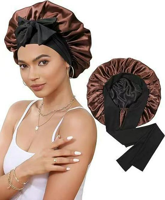 Doppellagige Satin-Schlafmütze mit Schleife, Hochelastischer breiter Rand, Damen Haar-Schal-Mütze