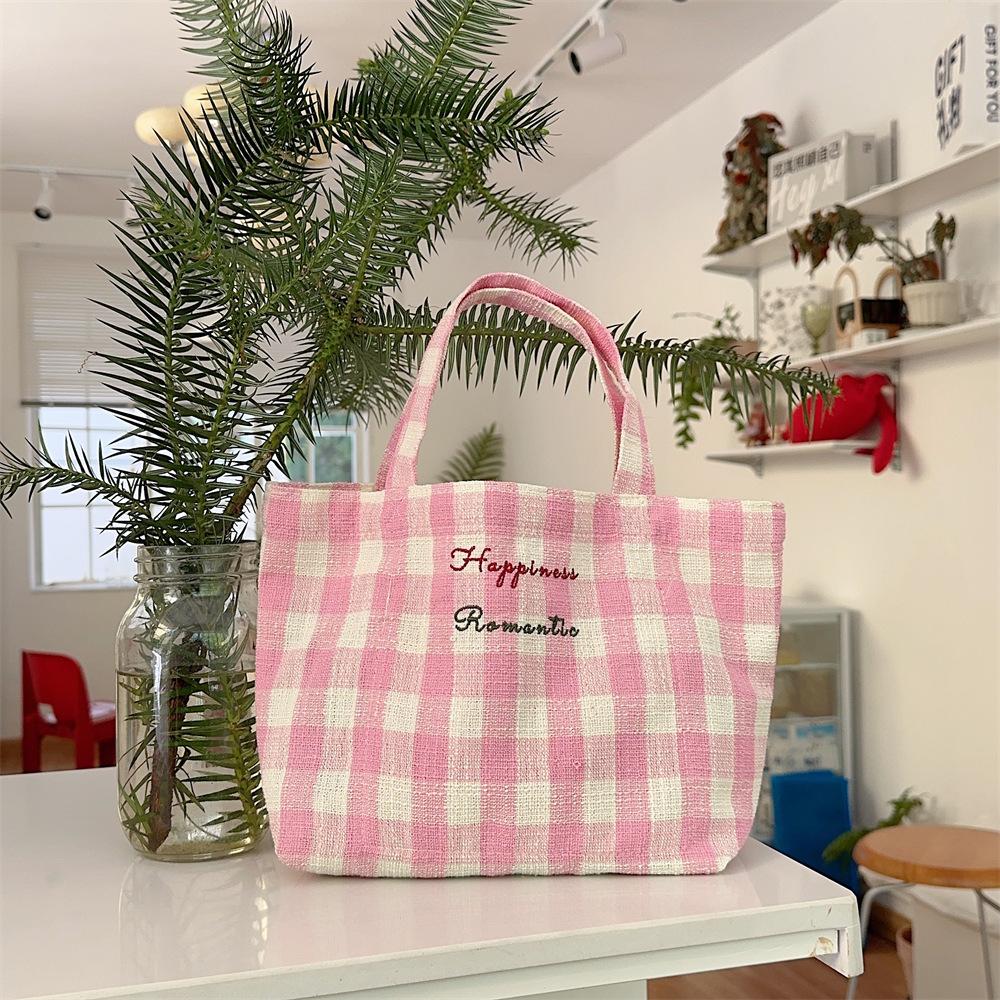 

Новая вышитая светло-голубая клетчатая сумка из ткани, сумка для студента, сортировка всякой всячины, работа, переносная сумка для бенто