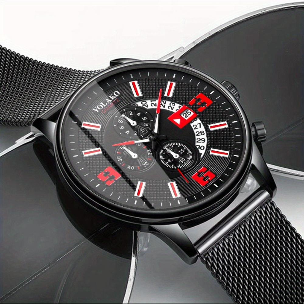 YOLAKO Mens Fashion Calendar Watch Men Business Stainless Steel Mesh Belt Quartz Wrist Watch Male Clock