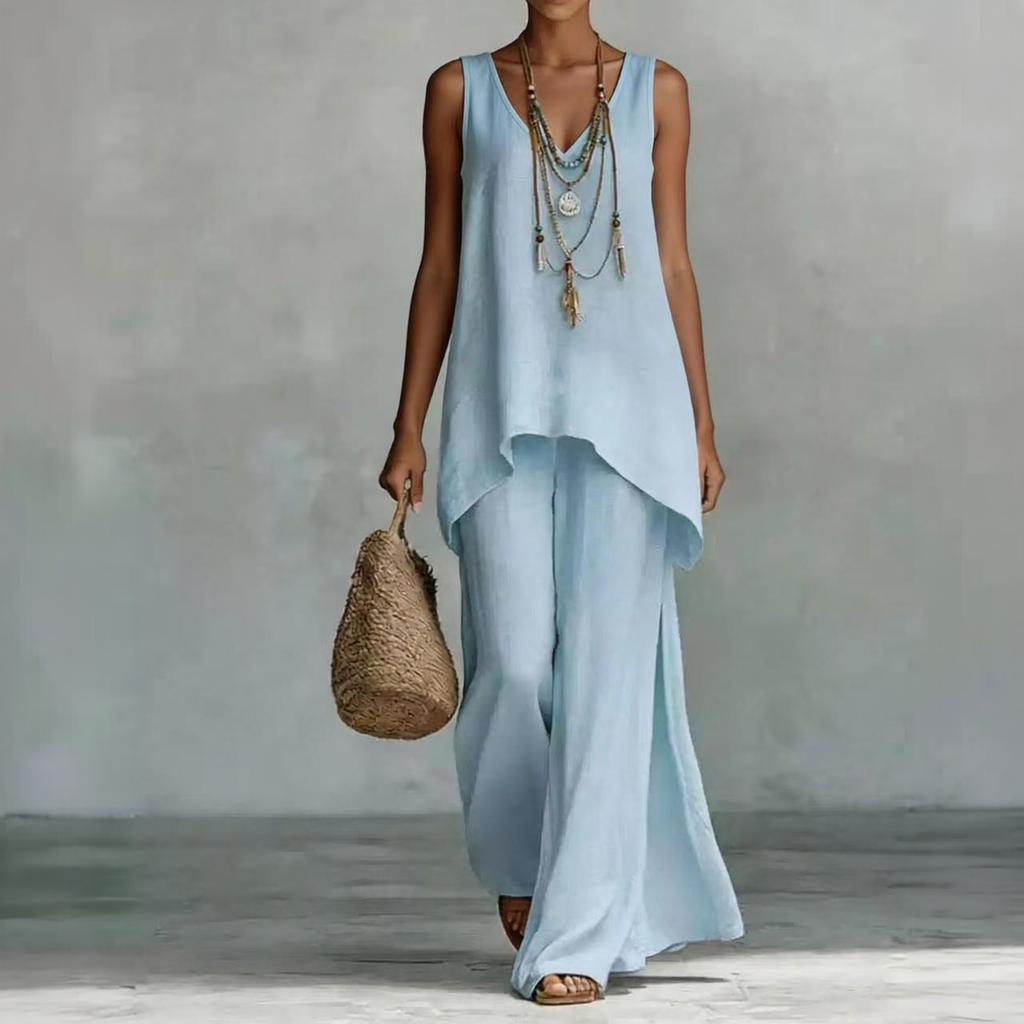 Women's Bohemian Wide Leg Pants and V Neck Cami Top Set - Flowy Summer Outfit