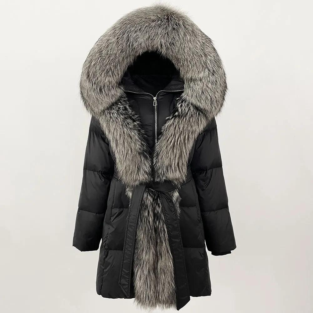 

OFTBUY 2024 зимняя куртка женская с натуральным воротником из натурального меха лисы и капюшоном, пуховое пальто из белой утки, толстая теплая уличная повседневная верхняя одежда L
