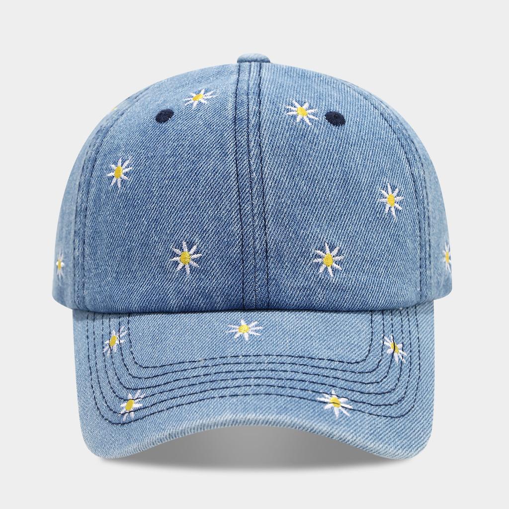 Embroidered Daisy Flower Denim Baseball Hat With Sunshade For Casual Day Out