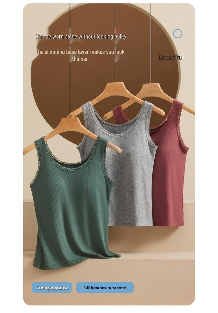 Lace Trim Strappy Tank for Women with Built-in Padding, Fixed Cups; Wear As Outerwear or Base Layer, Wide Shoulder Style.