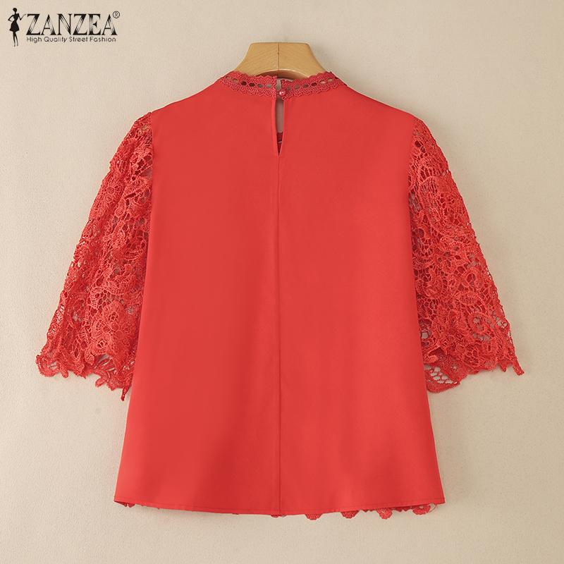 ZANZEA Damen Sommer Aushöhlen Spitze Häkeln Patchwork Kurzarm Bluse