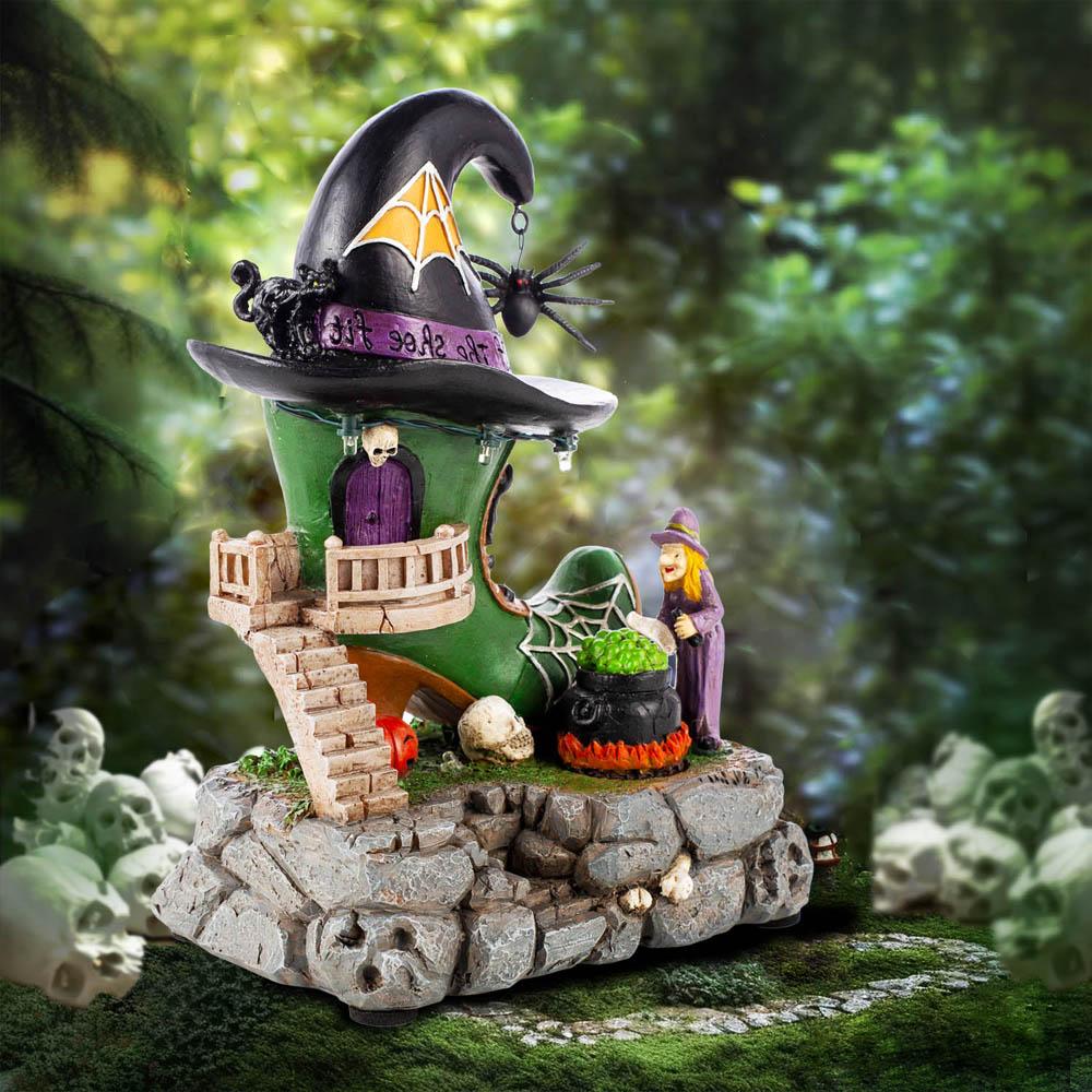 Halloween Village Antique Witch Shoe Shop Lit Building House and Rotating Cauldron Bubble, with Spider Accessories and LED Light
