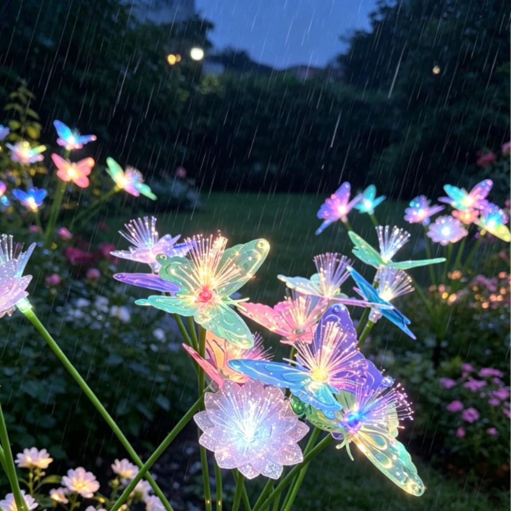 Solar Butterfly & Flower Fiber Optic Lights, Color Changing Landscape Lamp, Outdoor Garden Pathway Stake Light