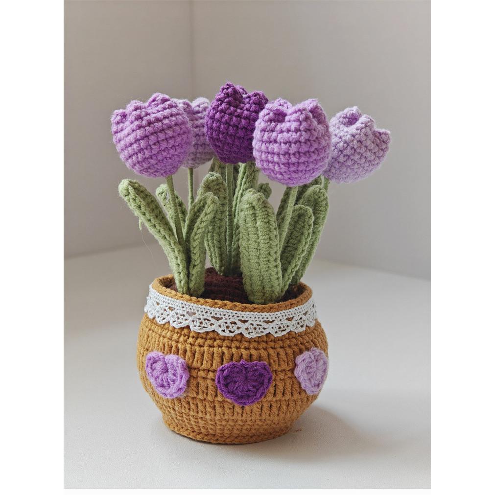 Handcrafted Crochet Tulips In Pot Dashboard Ornament Everlasting Fabric Flowers Bonsai Arrangement Vehicle Decor Accessory Handmade Yarn Potted