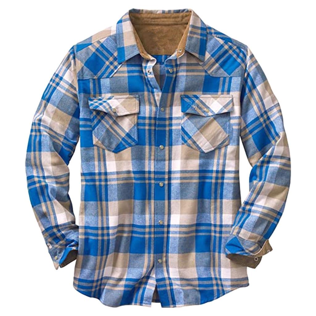 Men's Fashion Casual Loose Plaid Pocket Lapel Long Sleeve Shirt Top Blouse