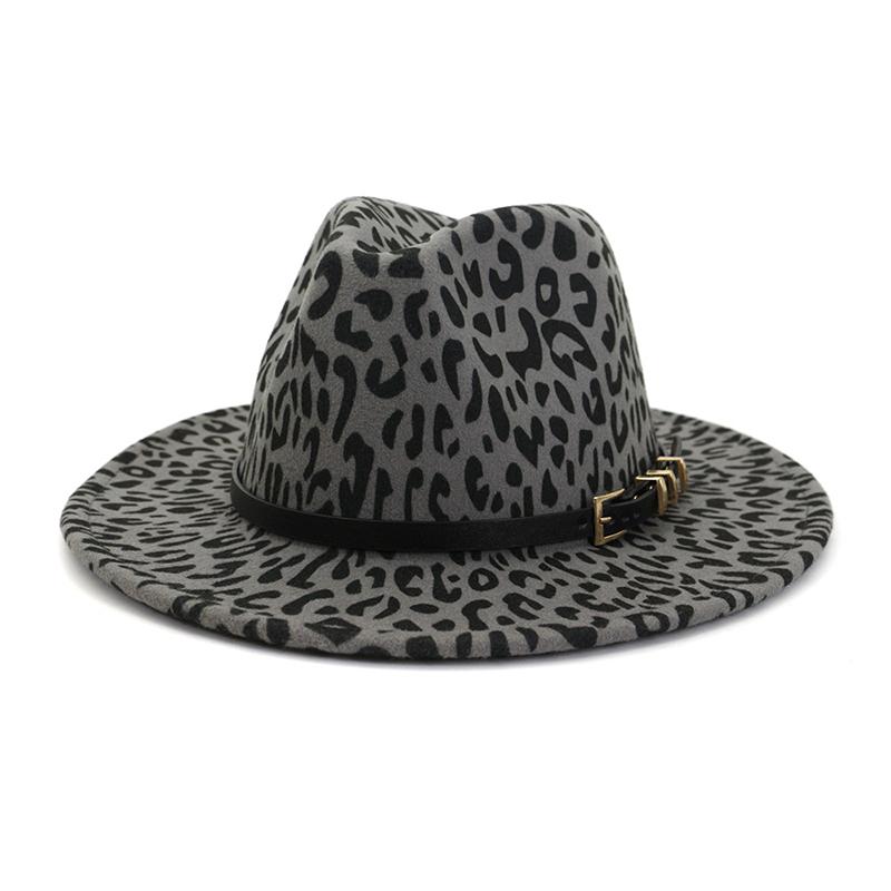 Wzcx Fashion Belt Flat Top Women Leopard Felt Hat Autumn Winter Casual Tide Personality Girls Jazz Hat Adult Cap