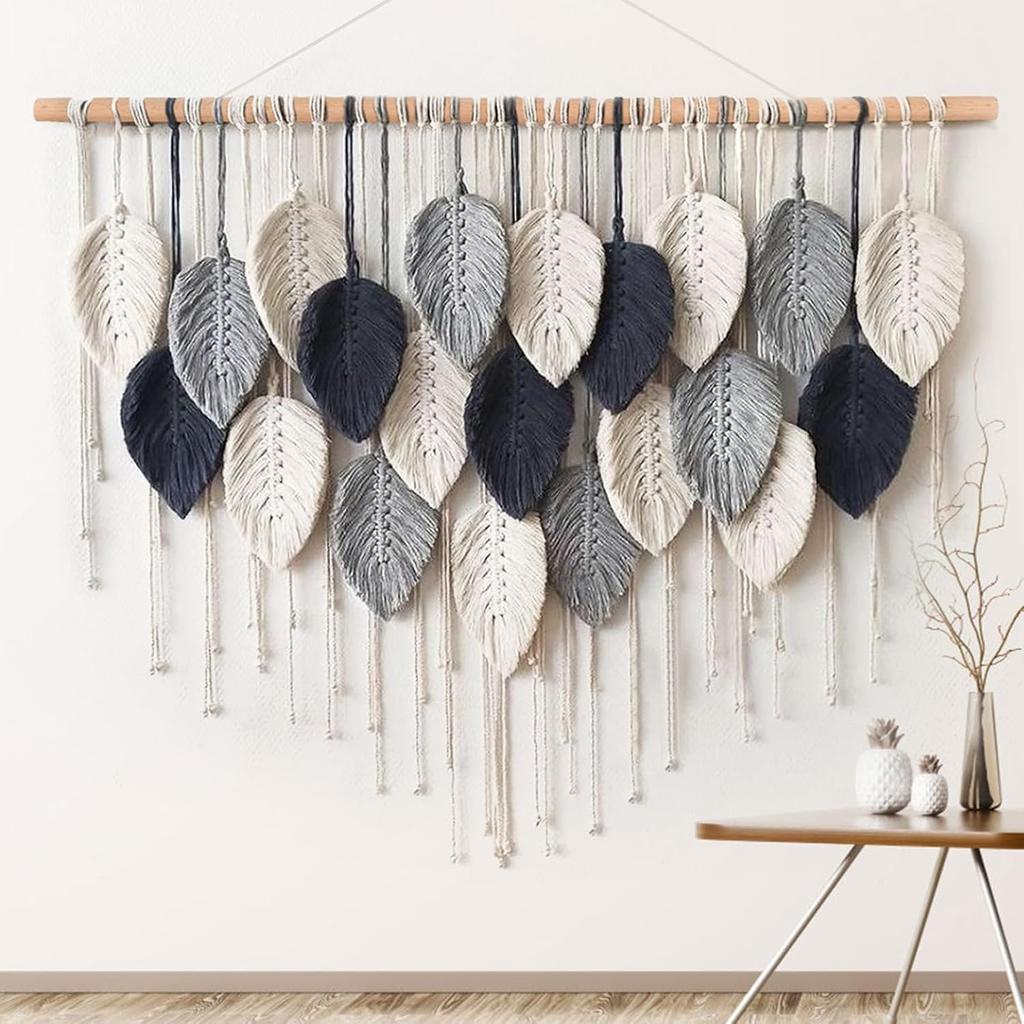 Weldomcor Macrame Wall Hanging Leaf Woven Tapestry Bohemian Chic Wall Hanging Feather Large Handmade Wall Art Decor for Bedroom Living Room Apartment