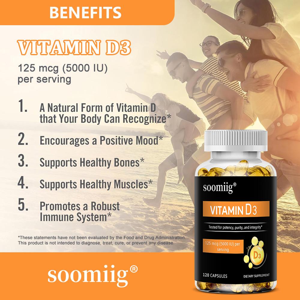 Vitamin D3 125mcg (5000 IU) Capsule 120 Count Dietary Supplement