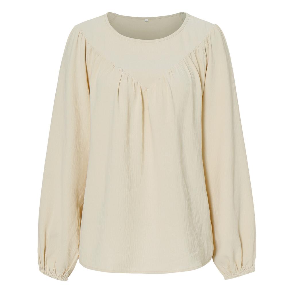 Women Autumn Solid Color Round Neck Pullover Loose Long Sleeve T Shirt Top