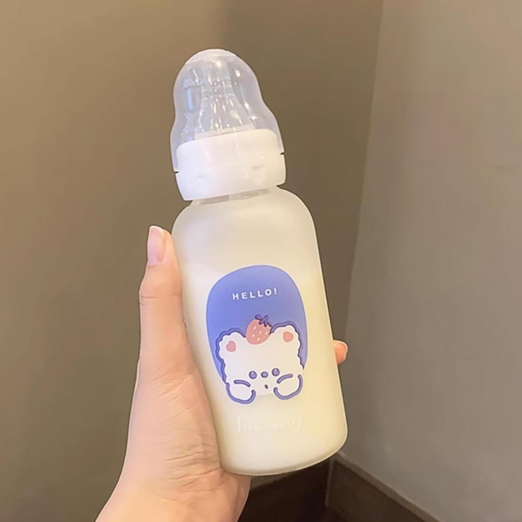 CutiePlusU Adult Baby Bottle, 300ml, Portable, Direct Drinking, Large Size, Printed Glass Baby Bottle with Cute Bear Design