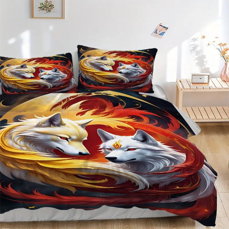 

3PCs Yin Yang Wolves Design Cover Set, Breathable Fabric, Machine Washable (1 Duvet Cover + 2 Pillowcases) (Without Quilt) yy250911137 135x200cm