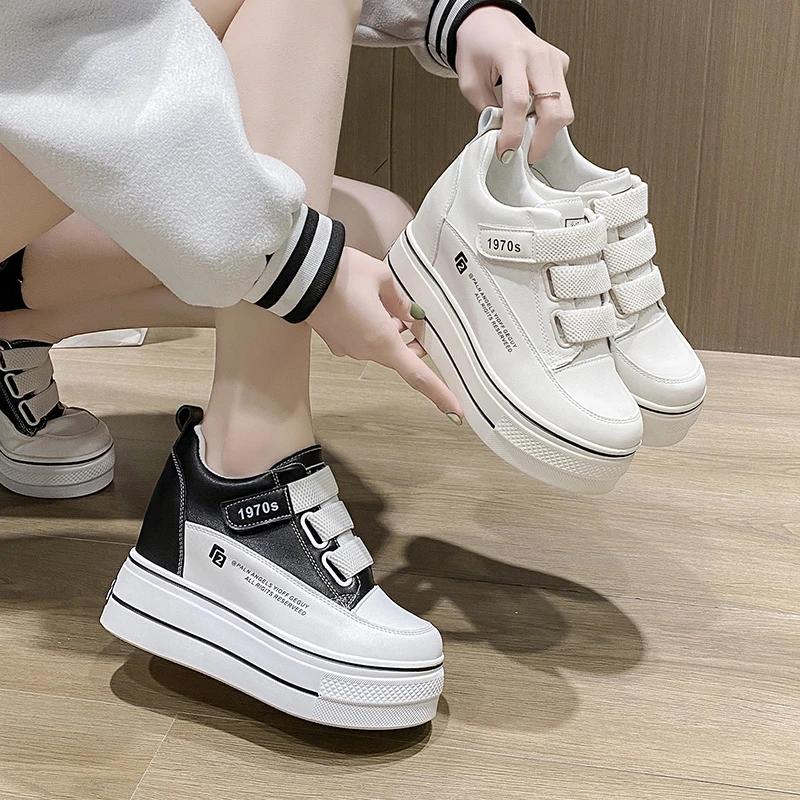 Fashion Women Breathable Sneakers Increased Platform Shoes 8cm Casual Footwear Leisure Leather White Shoes Women's Vulcanize Shoes