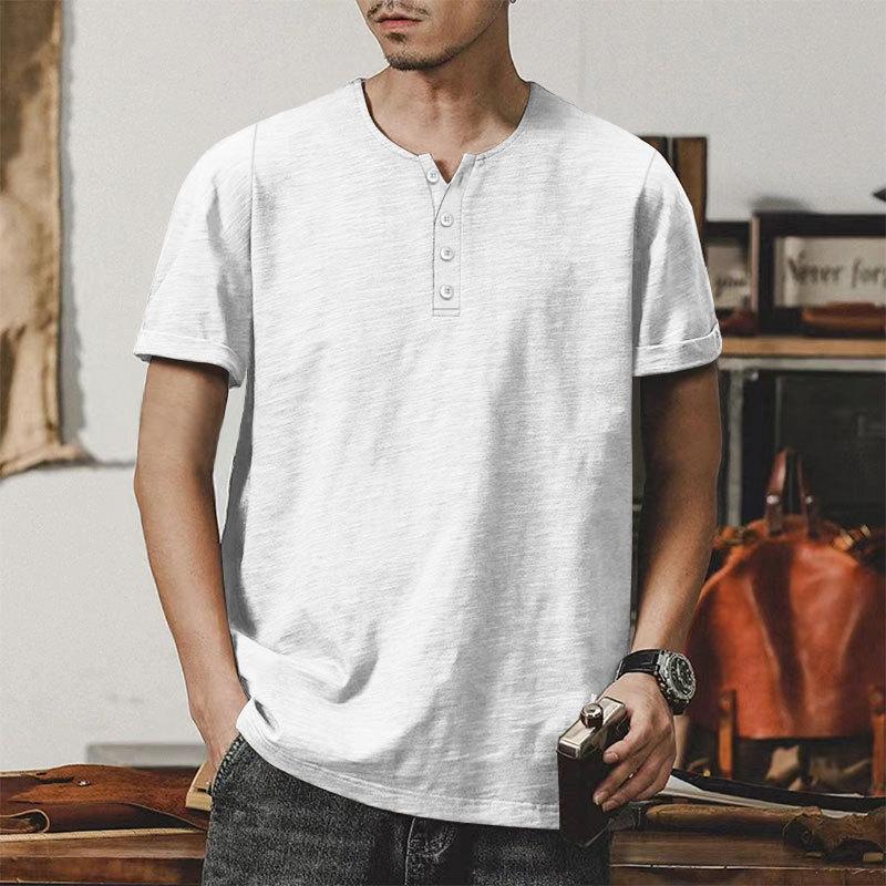 Heavyweight Bamboo Henry Collar Men's T-shirt Short-sleeved Summer Casual American Big Size Solid Colour Men's Button Up Tops