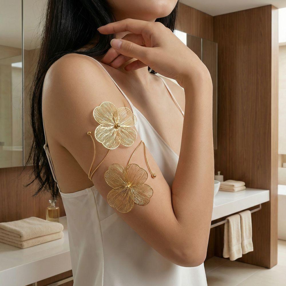 Vintage Hollowed Flower Bracelet Gold Open Floral Arm Cuff Metal Brushed Bangle  Holiday Party