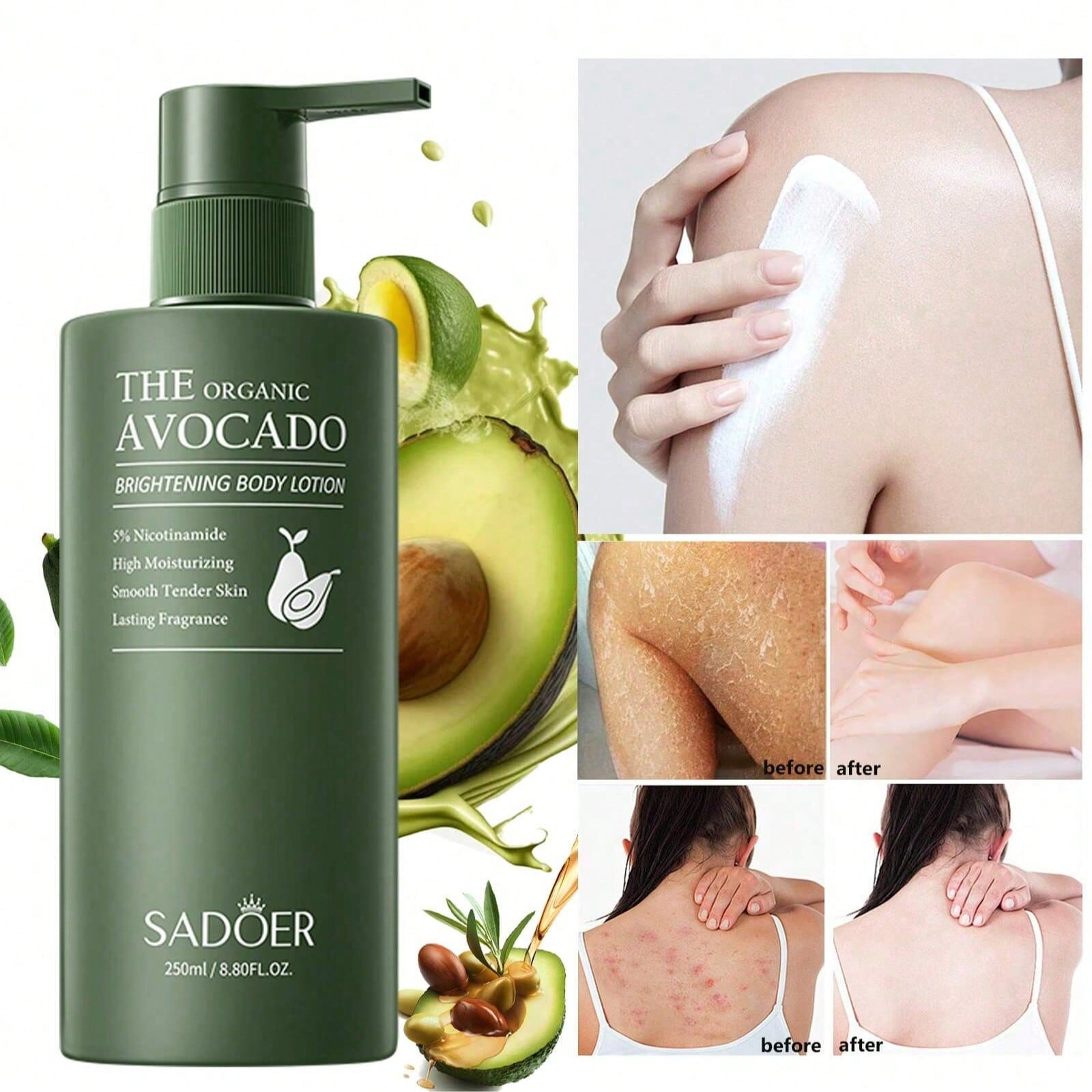 

Лосьон для тела с авокадо и ниацинамидом для сияния, Отбеливающий крем для тела, Тип аромата авокадо, Увлажняет и удаляет сухую кожу, предотвращает сухость 1