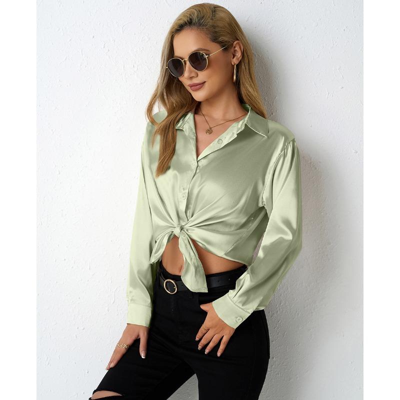 Women's Satin Shirt Simple V-neck Button Blouse Loose Long Sleeved Blouses & Shirts
