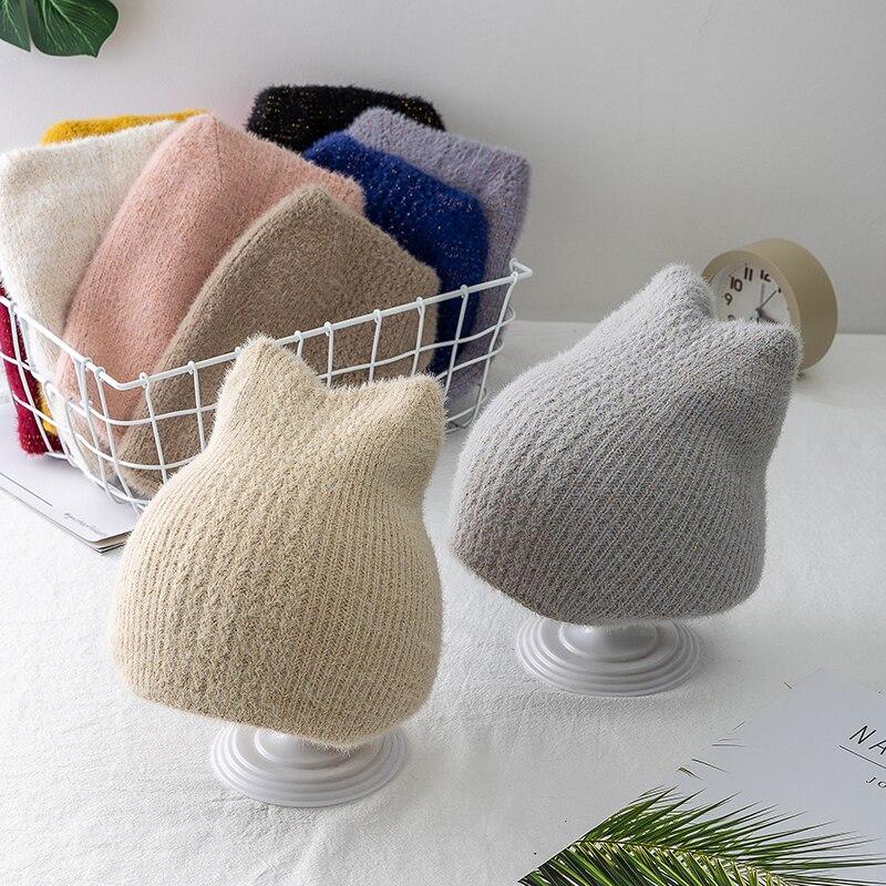 Neue Frauen Nette Katze Ohr Winter Hut Doppel-schicht Kaninchen Pelz Hut Stilvolle Weiche Beanie Hut Für Frauen Warme grils Gestrickte Hut
