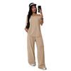 Brown Off Shoulder Short Sleeve Top and Wide Leg Pants Casual Sport Two Piece Set