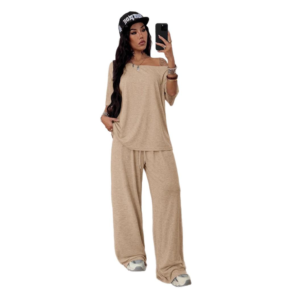 Brown Off Shoulder Short Sleeve Top and Wide Leg Pants Casual Sport Two Piece Set