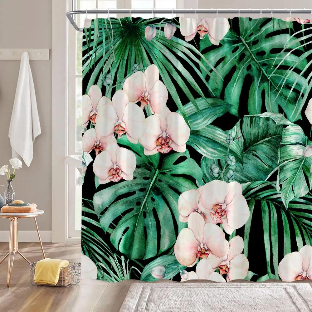 Tropical Leaves Shower Curtains Green Palm Leaf Plants Bath Curtain Set Modern Polyester Fabric Screen Bathroom Decor With Hooks