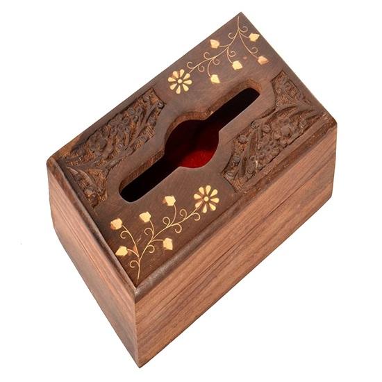 Wooden Tissue Box Carved Design Elegant Napkin Organizer Brown Box