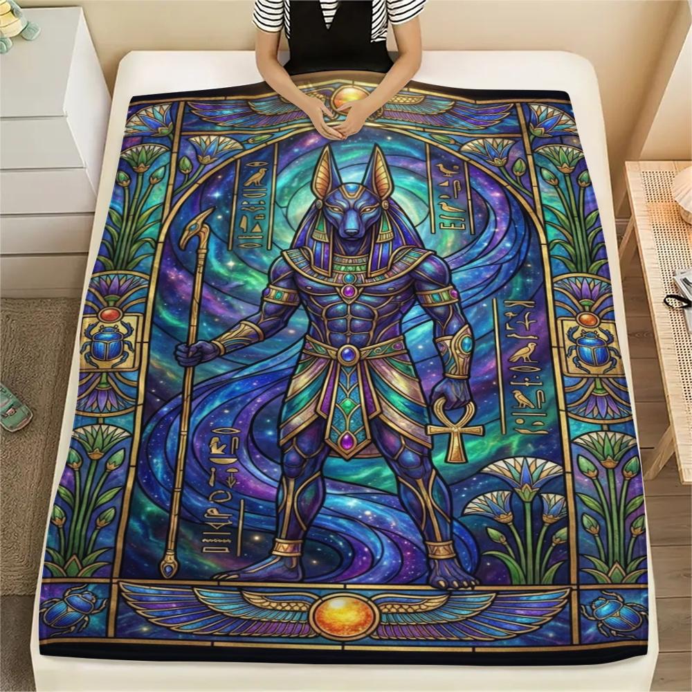 1Pc Anubis Print Flannel Blanket, High quality Comfortable for All Seasons, Home Decor, Warmth and Comfort, Perfect for Christmas Gifts W87