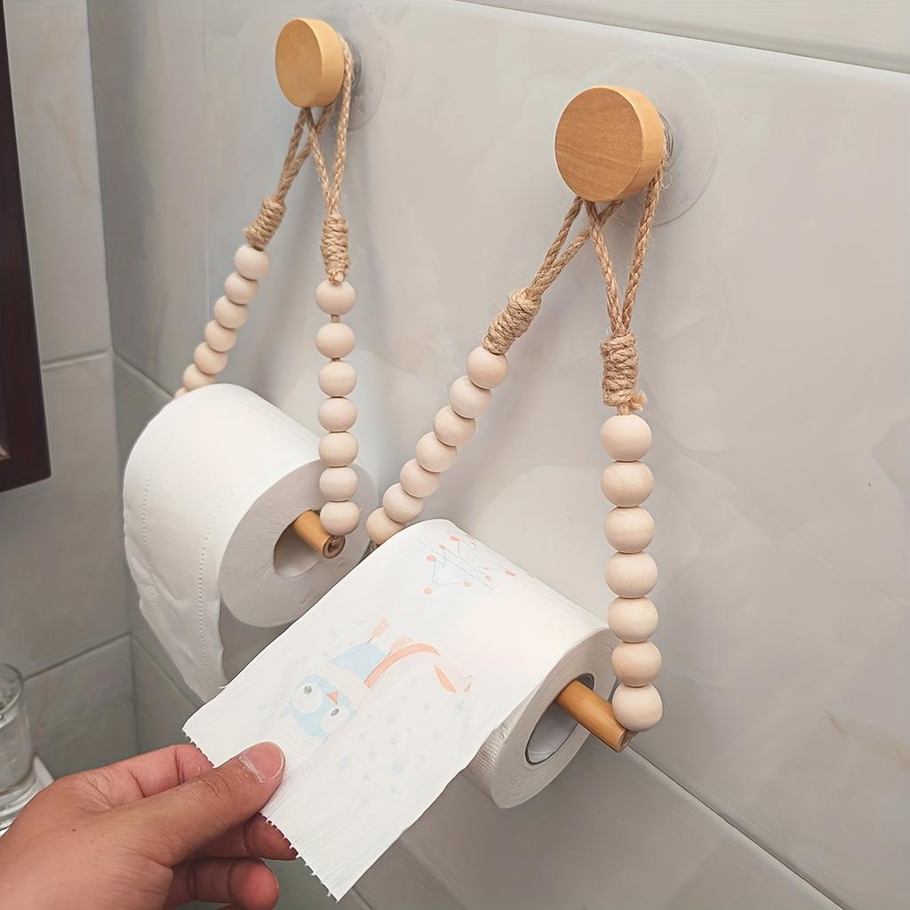 No-Drill TP Holder - Rustic Wood & Jute Cord, Easy Wall Install. Fits Standard Rolls. Natural Bathroom Decor.
