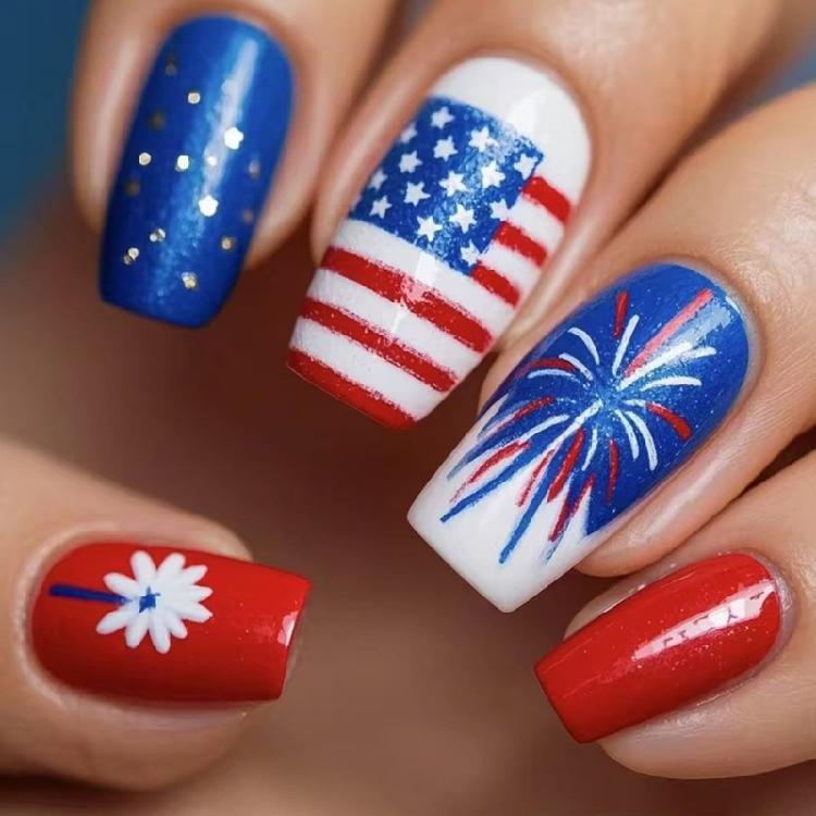 Unghia Finta Quadrata French Tip Unghia a Pressione Copertura Totale Unghia Finta Giorno dell'Indipendenza Unghia da Incollare Unghia Finta Patriottica