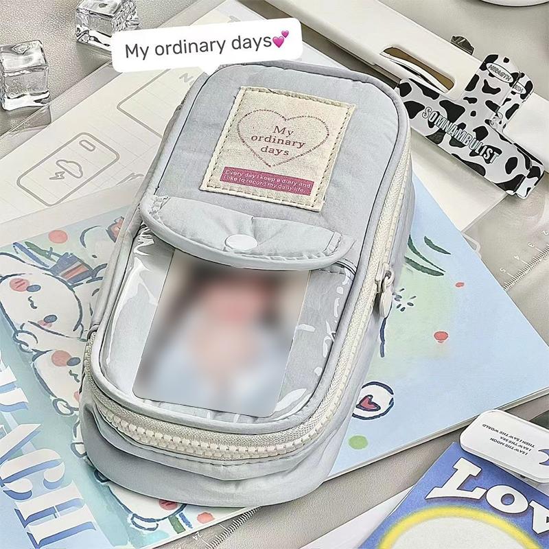 Cute Japanese Ins Small Fresh Simple Pencil Case Art Retro Large Capacity Girl Pen Bag with Clear Card Pocket Heart Shape Zipper