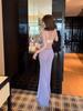 Elegant Purple Nightclub See-Through Gown with Push-Up Cups and Pearl Flower Accents - Mermaid Skirt Design