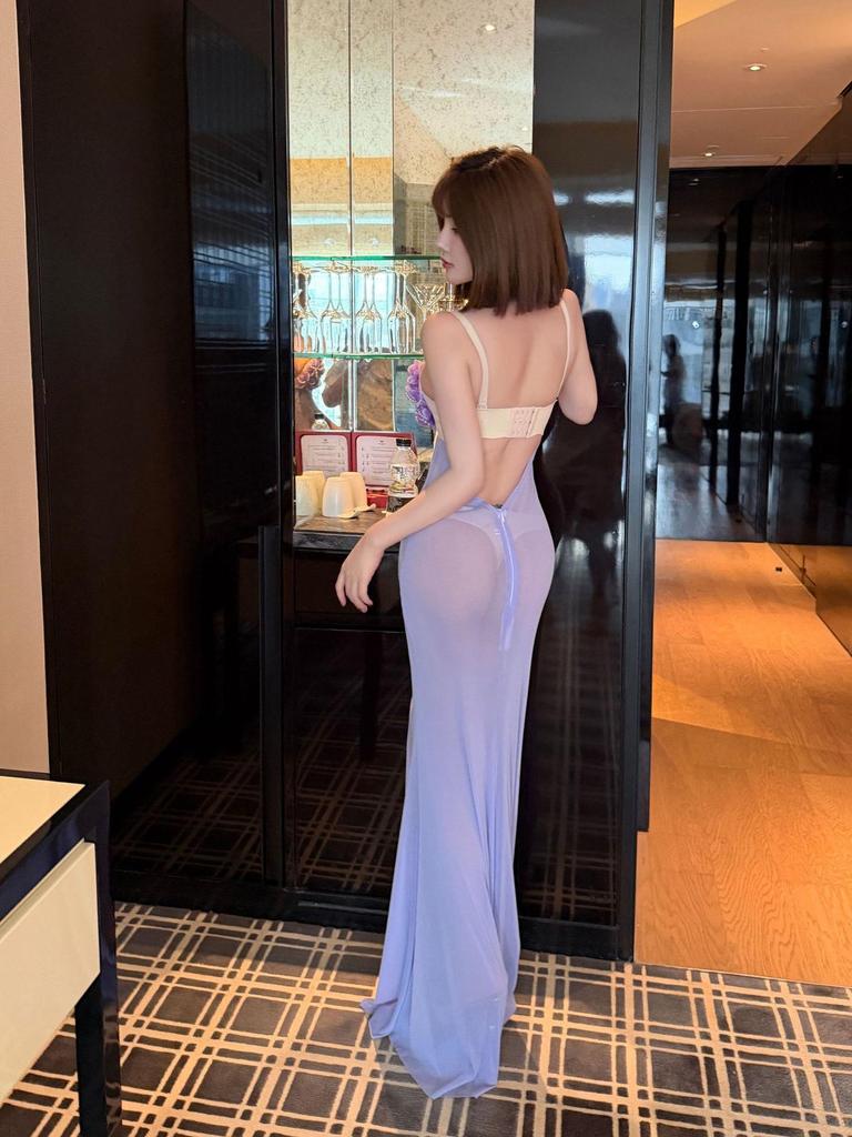 Elegant Purple Nightclub See-Through Gown with Push-Up Cups and Pearl Flower Accents - Mermaid Skirt Design